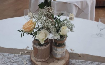 White Hart Inn, fresh floral centerpieces, rustic/vintage jars with log slice