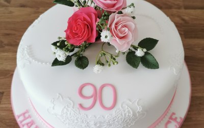 (0th Birthday Cake with Sugar Roses & Edible Lace
