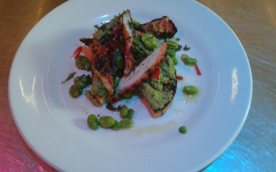 Grilled Octopus, N'duja toast, Broad Beans  s