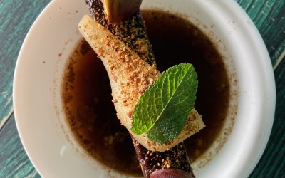 Fig and Miso Broth with Sake poached Pear and Almond Brittle