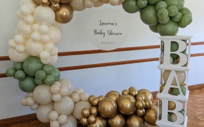 Neutral personalised Baby shower balloon hoop and BABY blocks
