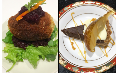 Duck Croquette Starter and Gluten Free Chocolate Tart with Poached Pear Dessert