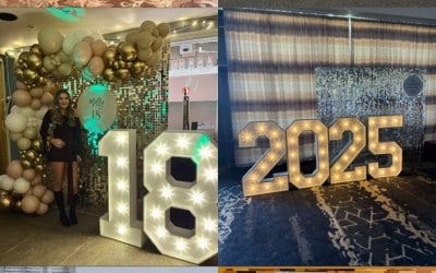 Last year our sequin walls were the most popular backdrop to hire. They always add that sparkle and glamour to any occasion. If you would like to hire our 6 foot champagne gold sequin wall or 6 foot iridescent silver sequin wall accompanied with balloon garlands for your special occasion or celebration getting in touch with us ASAP to get booked into the diary