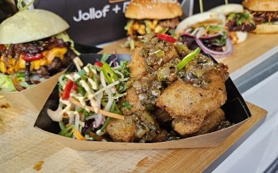 Black eyed bean fritters with pickled salad - Baogers, Baos & Burgers in the background