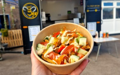 Vegan donna with potato wedges & salad
