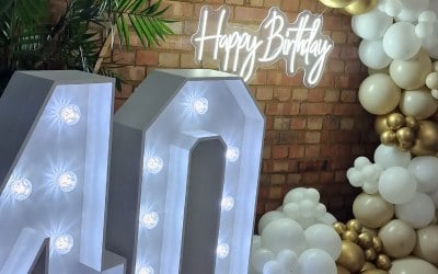 gold hoop with happy birthday neon and light up 40