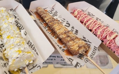 Lemon pavlove, snickers & raspberry waffles.