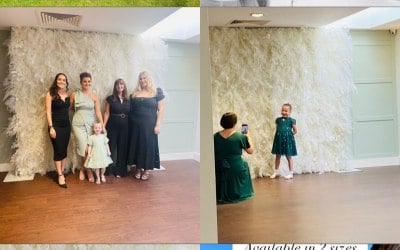 Here is a beautiful 6‘ x 6‘ white 5D flower and pampas wall and absolutely stunning and classy backdrop. Definitely a feature for any a beautiful backdrop for weddings, Proms birthday party graduation engagement parties your guessing photographer will thank you for this such a beautiful backdrop you will be the envy of all your friends. It’s also available in two sizes to hire this one of a kind, beautiful flower wall get in touch ASAP. 