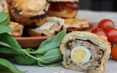 our homemade pork and pancetta pies with a quails egg.