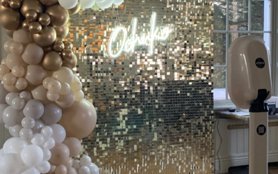 Gold Sequin Wall & Balloons with a Custom Made Neon Sign