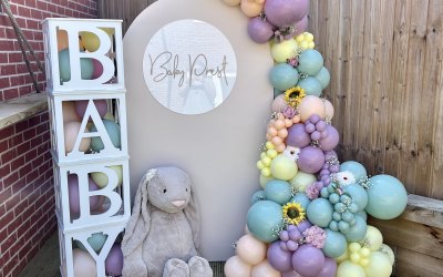 6ft personalise sail board with a balloon arch, florals, giant bunny & BABY blocks 