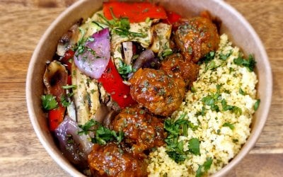 Greek Lamb Keftedes with Couscous and Roasted Vegetables