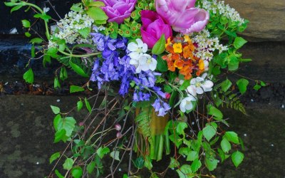 Spring bouquet with bluebells and blossom