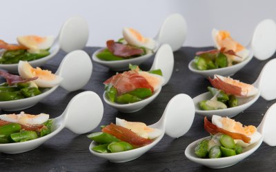 Sussex asparagus, quail eggs and crispy Parma ham canape