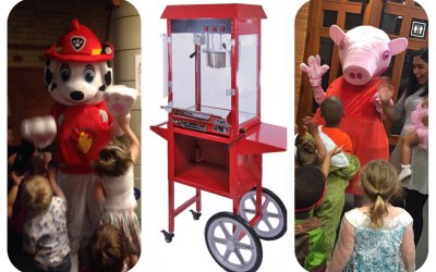 Mascots and popcorn and candy floss machine for children's parties