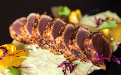 Cajun seared tuna, avacado cream, salsa jelly & chargrilled corn