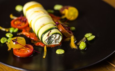 Ricotta stuffed courgettes, red pepper compote, broad beans & heritage tomatoes