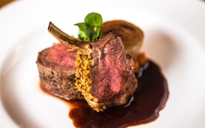 Herb crusted lamb rack, pan fried loin, braised shallot & port jus
