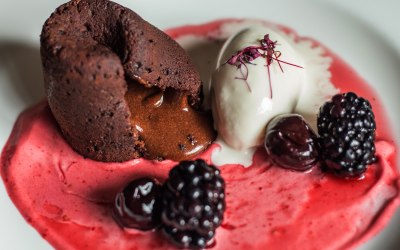 Fondant, forest fruit foam, vanilla ice cream & forest fruits