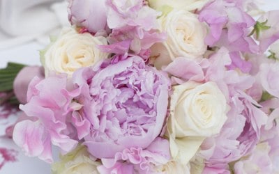 Peony, rose and sweet pea bouquet