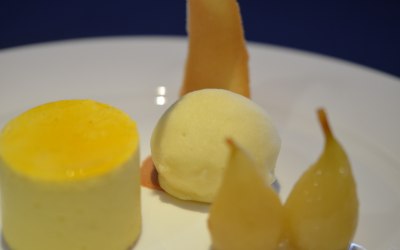 Poached pear, Vanilla cheesecake & Clotted Ice-cream Dessert course