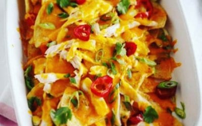 Pulled chicken nachos with pickled red chilli