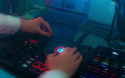 Closeup on DJ decks during scratching