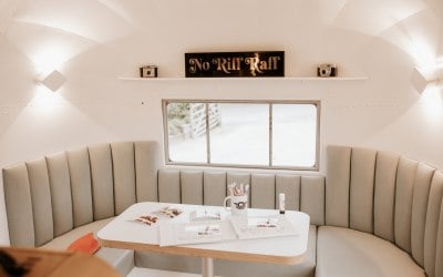 Guest book signing area in the Airstream