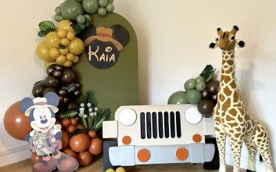 A Custom Made name sign and Safari truck featured in our gorgeous set up for a Mickey Safari Birthday!