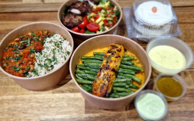 Work lunch delivery - Honey Mustard Glazed Salmon, Sweet Potato Mash, Mexican Bean Chilli, Jerk Chicken Salad and Mango Salsa