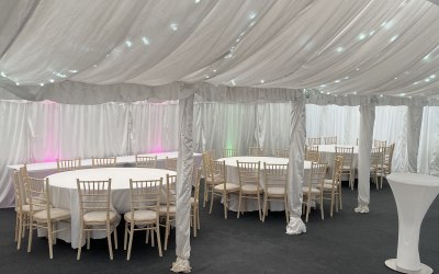 Marquees, Uplights, tables, Chiavari chairs