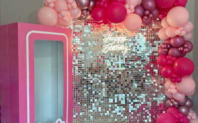 Barbie theme balloon decor with sequin wall