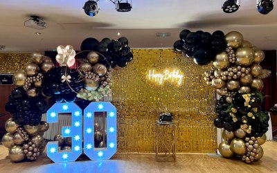 Stage Decor: Elegant Sequins Wall, Two Light Number, Bulk Decor Balloons, Neon Light Sign 'Happy Birthday'