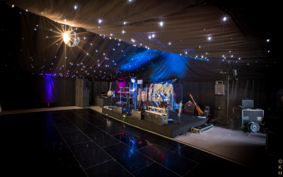 Starcloth ceilings, black dance floor, stage and glitter ball 