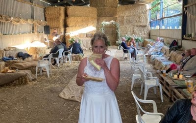 Bride enjoying her Strawberries and Cream Crepe