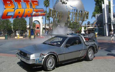 The BTTF Car Delorean Time Machine on display inside Universal Studios Hollywood Theme Park