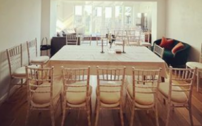 Initimate wedding dinner at customers home- Limewash Chivari Chairs with our 6ft Tresle Tables