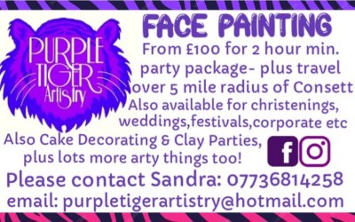 Purple Tiger Artistry- available for Face Painting, Cake Decorating/Clay Parties, Murals, Window Painting, Foam Sculptures/Installations, Clay Sculptures/Cake Toppers, Peek-A-Boo Boards/Murals, Canvas Backdrops, Clay Jewellery, Art On Clothing, Art On ANYTHING!!!