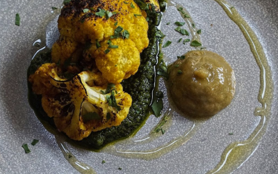 Curried Cauliflower, Caper and Raisin Puree, Carrot-top Pesto