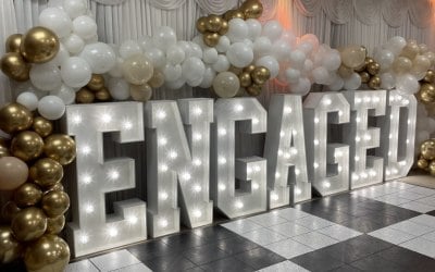 Engaged letters in cool white for an engagement party at Lordswood Leisure Centre