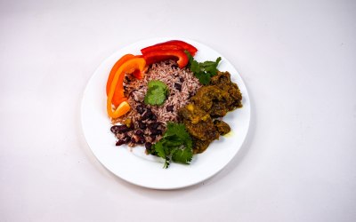 Curry goat rice and peas 