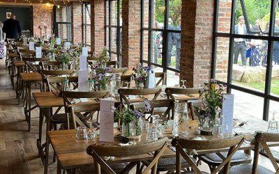 Rustic Farm Tables and Oak Crossback Chairs