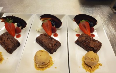 Rich chocolate brownie, caramel ice cream