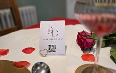 A6 Postcard sized Tap/Scan card supported by discreet heart gold table card holder