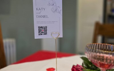 A6 Postcard sized Tap/Scan card supported by tall gold table card holder
