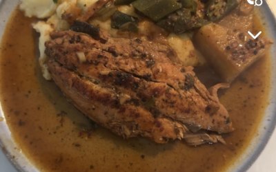 Creamy garlic mash with salmon and okra stew with gravy 