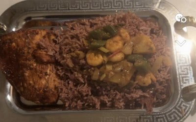 Rice &peas with jerk salmon and Cajun prawns