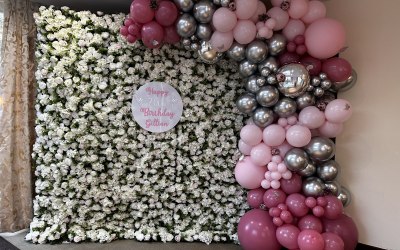 Silk Flower Wall, Side Garland & Personalised Disc 