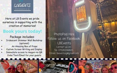 Our PhotoPod Package. Options include Shimmer Wall Backdrop, with Props and Manned Pod up to 3hrs hire.