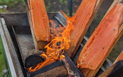 Plank roasted trout, served to tables on wooden planks.